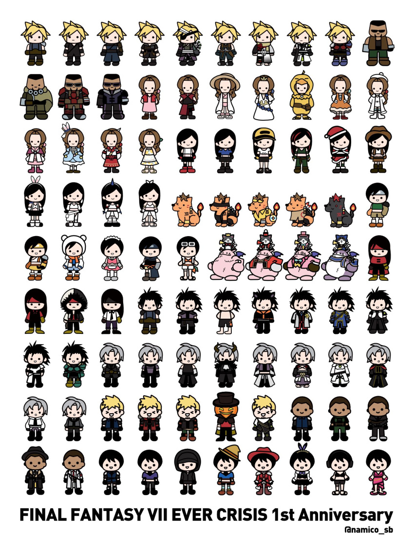 >_<, 4girls, 6+boys, :d, aerith_gainsborough, aerith_gainsborough_(chocobo_suit), aerith_gainsborough_(citric_dress), aerith_gainsborough_(classic_coney)