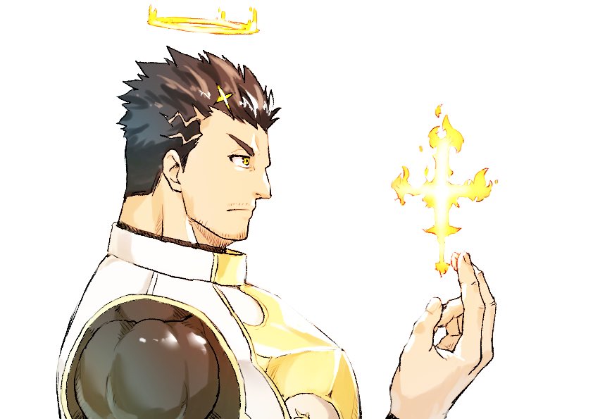 1boy, armor, beard, beard_stubble, black_hair, compression_shirt, facial_hair, fire