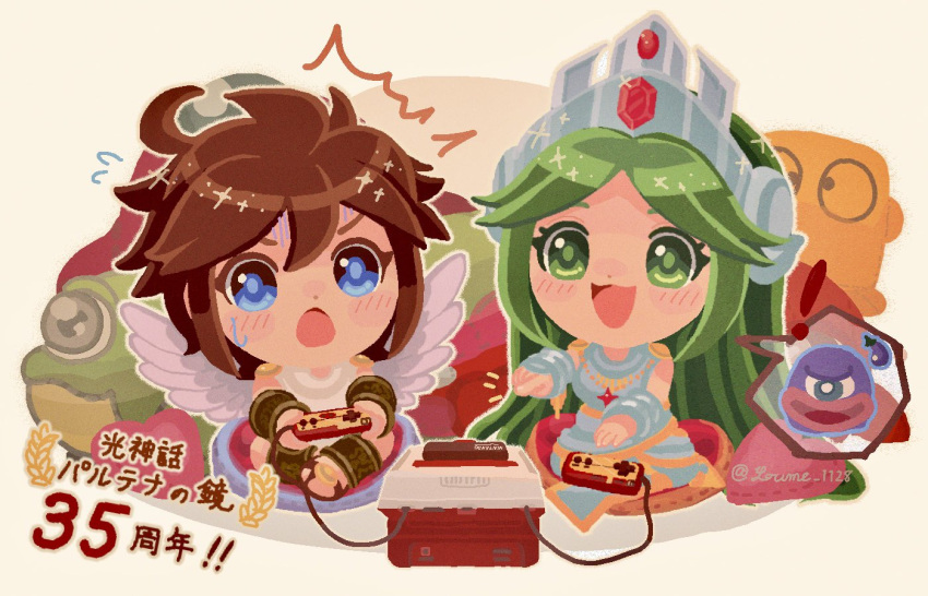 1boy, 1girl, ahoge, ancient_greek_clothes, angel_wings, blue_eyes, brown_hair, chibi