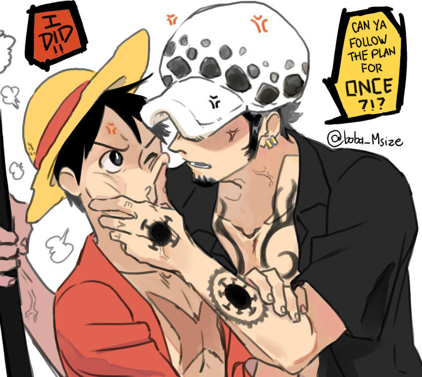 2boys, anger_vein, arm_tattoo, arm_up, black_hair, black_shirt, boba_msize, cheek_pinching, chest_tattoo, collared_shirt, commentary, covered_eyes, ear_piercing, earrings, english_text, facial_hair, goatee, hand_tattoo, hashtag-only_commentary, hat, highres, jewelry, looking_at_another, male_focus, monkey_d._luffy, multiple_boys, multiple_earrings, multiple_tattoos, one_eye_closed, one_piece, open_clothes, open_shirt, piercing, pinching, polka_dot_headwear, red_shirt, scar, scar_on_chest, shirt, short_hair, short_sleeves, sideburns, simple_background, speech_bubble, squishing, straw_hat, tattoo, trafalgar_law, twitter_username, upper_body, v-shaped_eyebrows, veins, veiny_arms, veiny_neck, white_background, white_hat
