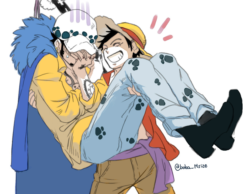 2boys, ^_^, arm_tattoo, black_footwear, black_hair, blue_cape, blue_fur, blue_pants, boba_msize, boots, brown_pants, cape, carrying, chest_tattoo, closed_eyes, collared_shirt, covering_face, denim, facial_hair, fur-trimmed_cape, fur_trim, goatee, grin, hand_on_own_face, hat, high_heel_boots, high_heels, jeans, knees_up, male_focus, monkey_d._luffy, multiple_boys, multiple_tattoos, one_piece, pants, polka_dot_headwear, polka_dot_pants, princess_carry, purple_sash, red_shirt, sash, scar, scar_on_face, shaded_face, shirt, short_hair, sideburns, simple_background, smile, straw_hat, sword, sword_on_back, tattoo, teeth, trafalgar_law, twitter_username, weapon, weapon_on_back, white_background, white_hat, yellow_shirt