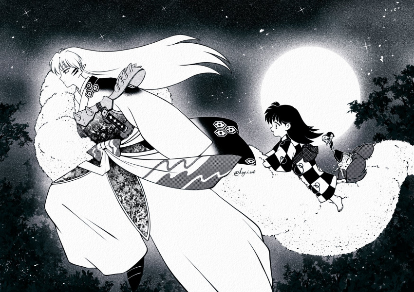 1girl, 2boys, armor, baggy_pants, barefoot, black_hair, black_hat, checkered_clothes, checkered_kimono, child, closed_eyes, crescent, crescent_facial_mark, demon_boy, facial_mark, forehead_mark, forest, full_moon, hat, highres, holding, holding_staff, inuyasha, jaken, japanese_armor, japanese_clothes, kay-i, kimono, long_hair, moon, multiple_boys, nature, night, night_sky, open_mouth, pants, parted_bangs, pointy_ears, rin_(inuyasha), sesshoumaru, shoulder_armor, shoulder_spikes, side_ponytail, sky, smile, spikes, staff, twitter_username, white_fur, white_hair