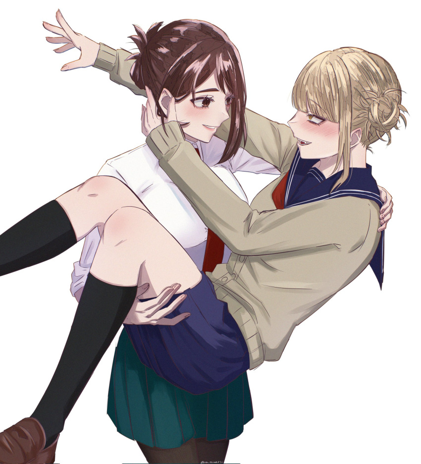 1girl, 2girls, alternate_hairstyle, arms_around_neck, azu_sawa1131, black_pantyhose, black_socks, blonde_hair