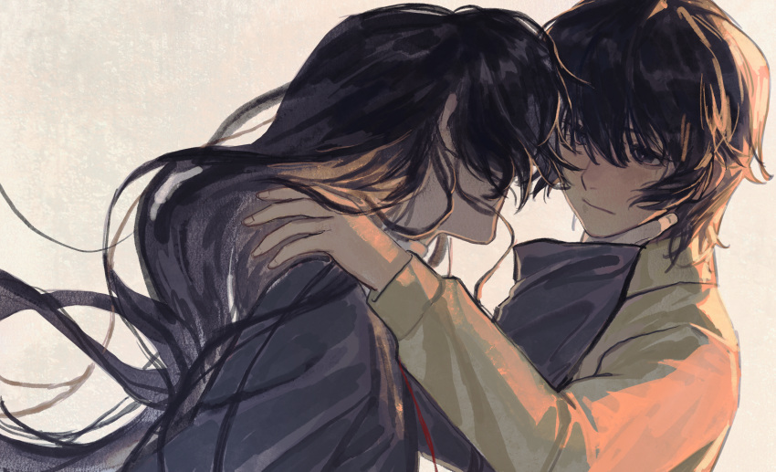 2boys, a_bo, black_hair, black_shirt, chinese_commentary, closed_mouth, commentary_request, hair_between_eyes