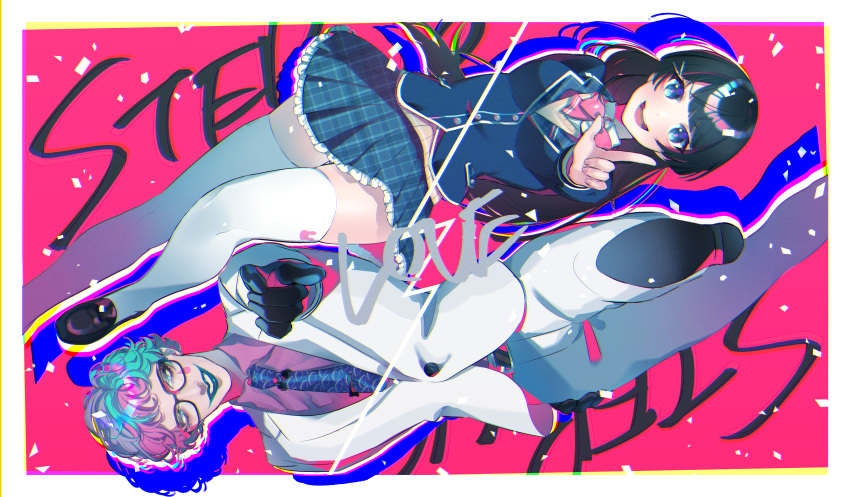 1boy, 1girl, :d, absurdres, aqua_eyes, aqua_hair, aqua_lips, belt