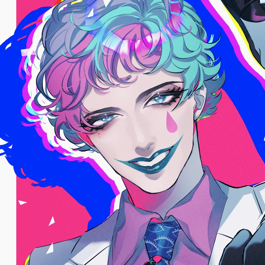 1boy, aqua_eyes, aqua_hair, aqua_lips, blue_background, collared_shirt, commentary_request, facial_mark