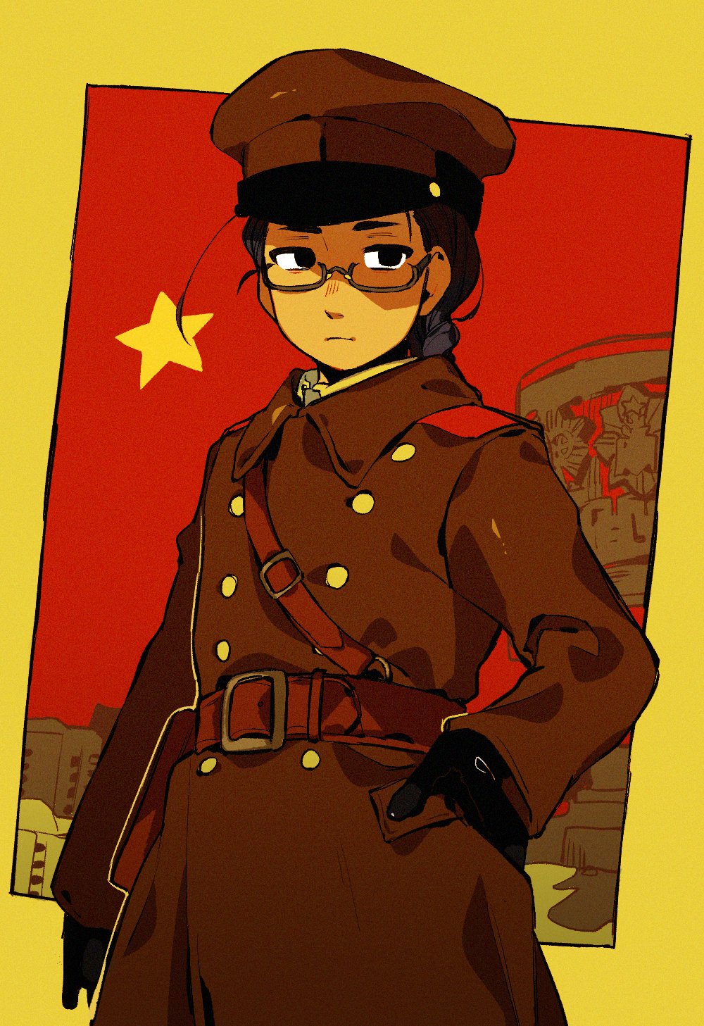 1boy, axis_powers_hetalia, black_eyes, black_gloves, braid, braided_ponytail, coat, epaulettes, glasses, gloves, hat, highres, male_focus, military_uniform, mongolia_(hetalia), nanimonothing, peaked_cap, sepia, star_(symbol), trench_coat, uniform