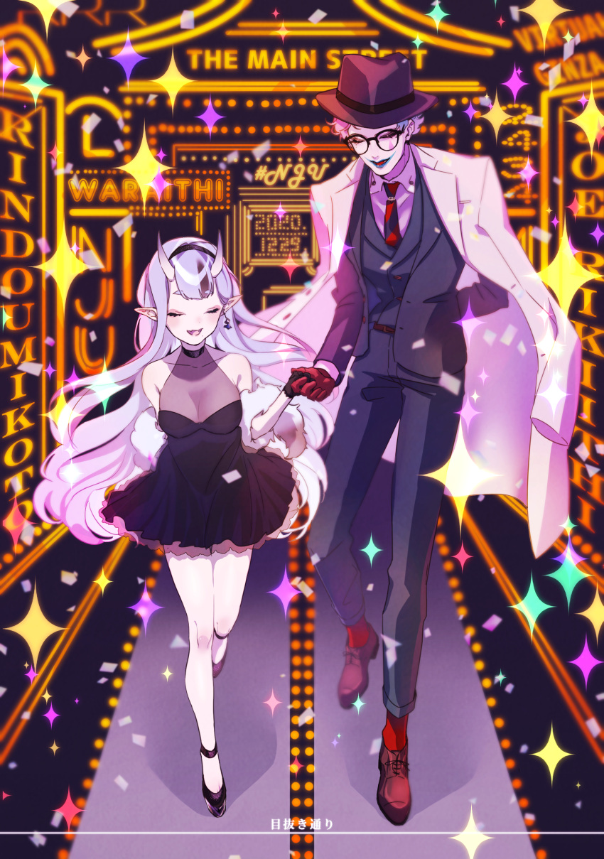 1boy, 1girl, absurdres, aqua_lips, arm_behind_back, bare_shoulders, black-framed_eyewear, black_dress