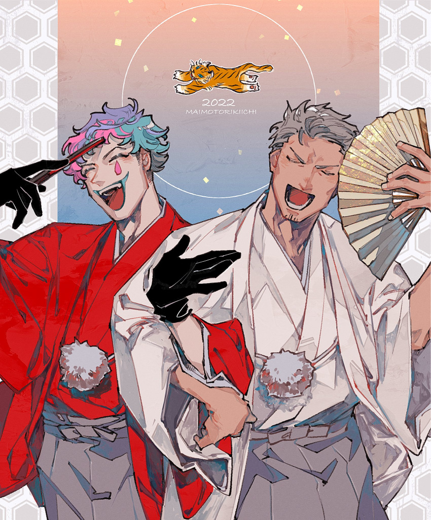 2022, 2boys, :d, ^_^, aqua_hair, aqua_lips, black_gloves, chinese_zodiac
