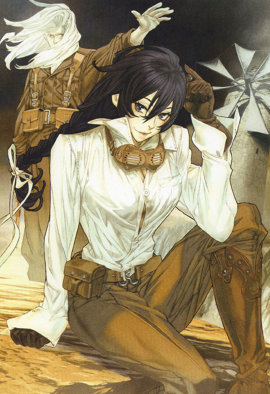 blue_eyes, boots, braid, dress_shirt, gloves, goggles, hair_ribbon, hamutz_meseta