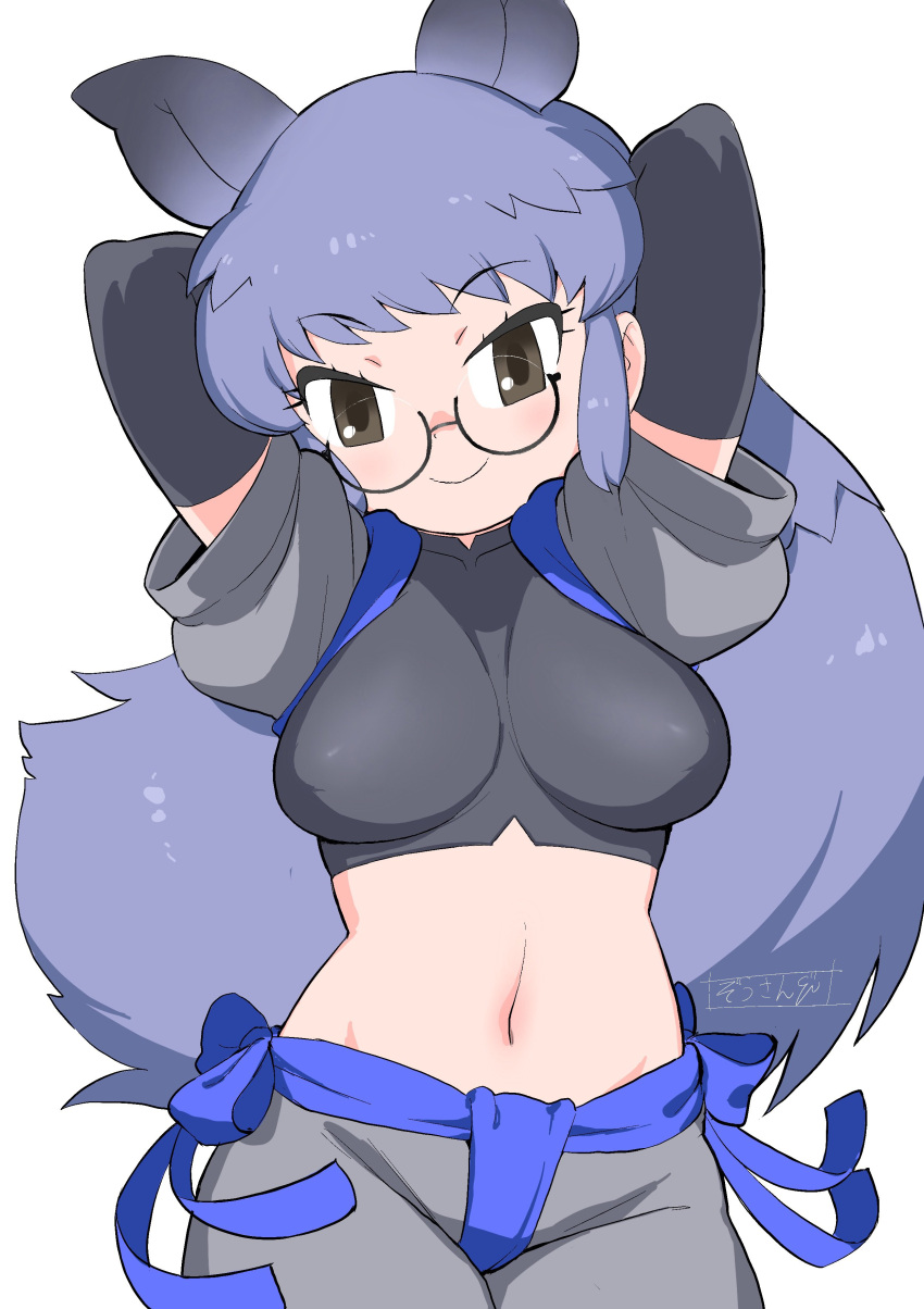 1girl, absurdres, animal_ears, arms_behind_head, arms_up, black-framed_eyewear, black_gloves, black_rhinoceros_(kemono_friends)