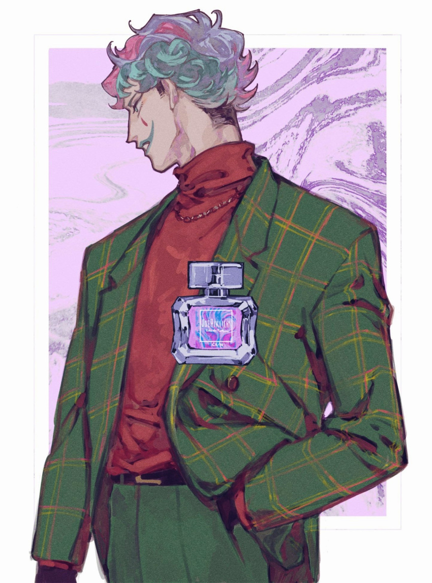 1boy, aqua_eyes, aqua_hair, aqua_lips, belt, belt_buckle, black_belt, border