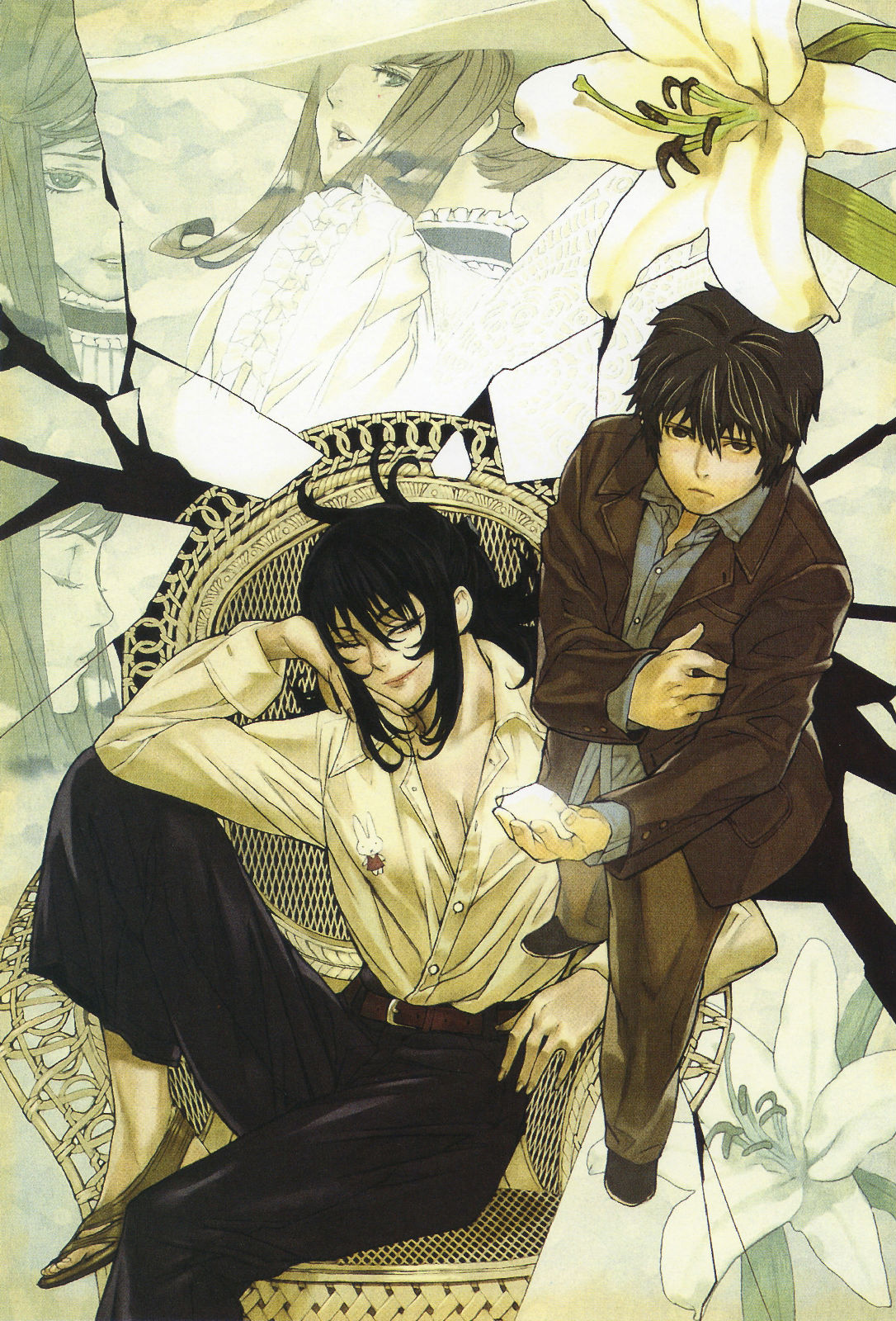 black_hair, blue_eyes, brown_eyes, brown_hair, colio_tonies, dress_shirt, flower, hamutz_meseta