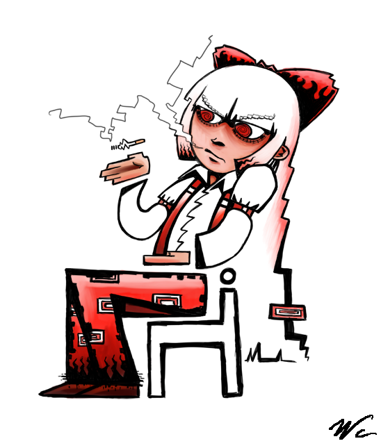 1girl, bow, chair, cigarette, fujiwara_no_mokou, hair_bow, jncarvalho, long_hair