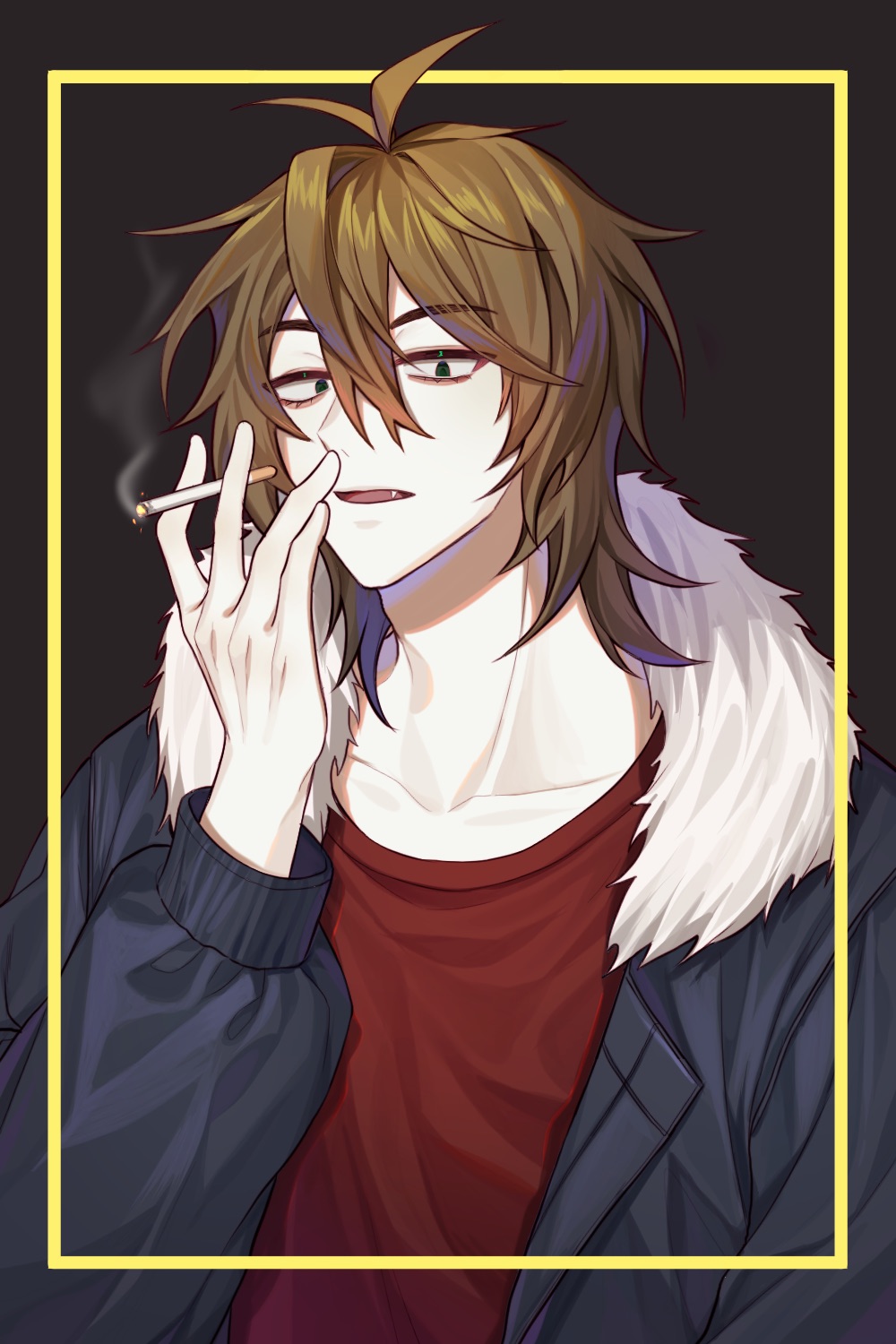 1boy, antenna_hair, black_jacket, brown_hair, cigarette, collarbone, fang, fur-trimmed_jacket