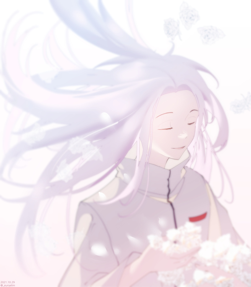 1boy, absurdres, closed_eyes, commentary, eun_yelim, floating_hair, flower, grey_shirt