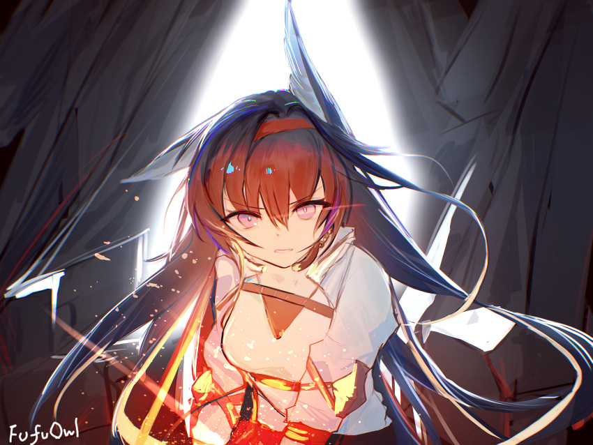 1girl, animal_ears, arknights, black_hair, blaze_(arknights), cat_ears, cat_girl, cat_tail, chainsaw, chest_belt, chest_strap, ear_down, hairband, highres, holding, holding_chainsaw, jacket, menthe, red_hairband, shoulder_strap, solo, tail, tank_top, white_jacket, white_tank_top