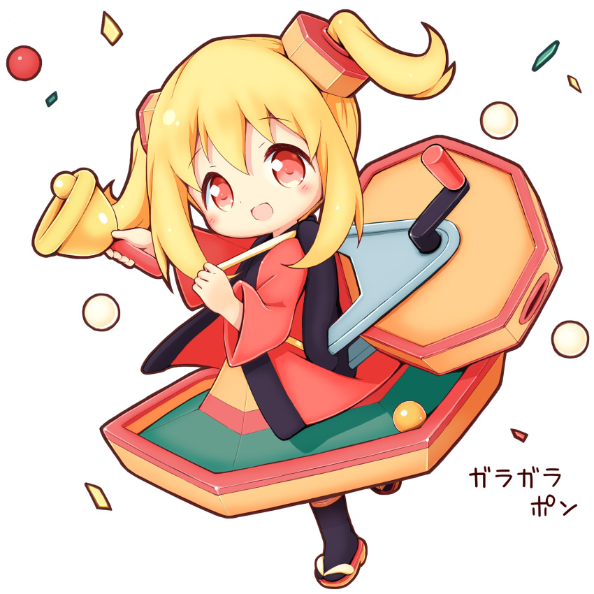 1girl, :d, aikei_ake, bell, black_socks, blonde_hair, blush, brown_footwear