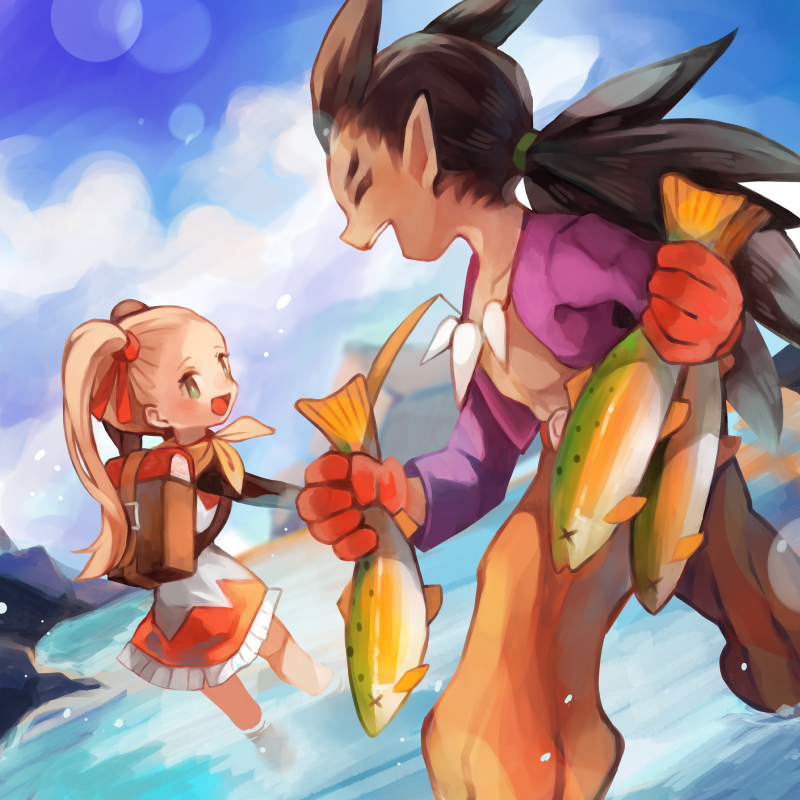 1boy, 1girl, animal, antenna_hair, backpack, bag, blonde_hair, blue_sky