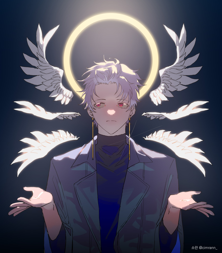 1boy, absurdres, black_background, black_jacket, black_shirt, closed_mouth, commentary_request, detached_wings, earrings, feathered_wings, frown, glint, halo, halo_behind_head, highres, jacket, jewelry, korean_commentary, male_focus, open_clothes, open_jacket, purple_hair, red_eyes, saibou_shinkyoku, shirt, short_hair, so-rann, solo, theodore_riddle, upper_body, w_arms, white_wings, wings
