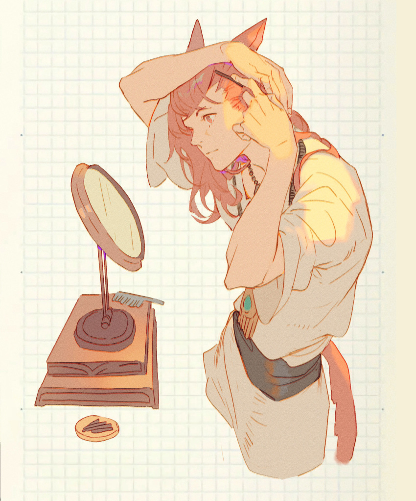 1boy, animal_ears, arms_up, black_sash, closed_mouth, comb, commentary, cropped_legs