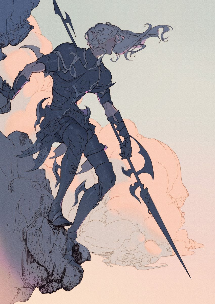 1boy, absurdres, arm_support, armor, armored_legwear, black_armor, breastplate, closed_mouth, clouds, commentary, covered_eyes, cuisses, elezen, elf, english_commentary, escente, estinien_varlineau, film_grain, final_fantasy, final_fantasy_xiv, floating_hair, gauntlets, highres, holding, holding_polearm, holding_weapon, long_hair, male_focus, ornate_weapon, outstretched_arm, pauldrons, pointy_ears, polearm, profile, shoulder_armor, sky, solo, spiked_armor, weapon, white_hair