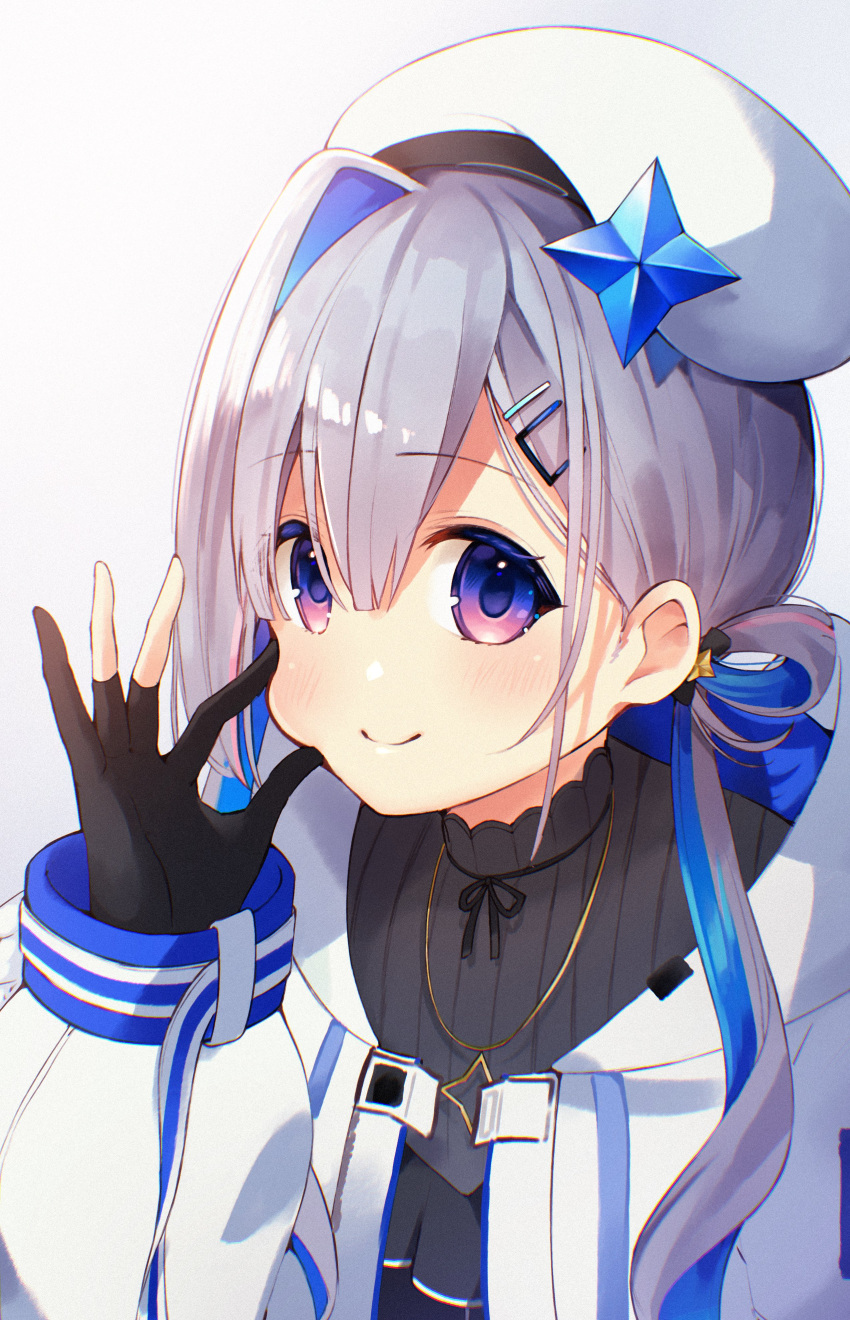 1girl, absurdres, amane_kanata, amane_kanata_(work), beret, black_dress, black_gloves, blue_eyes, blue_hair, blush, closed_mouth, colored_inner_hair, commentary_request, double-parted_bangs, dress, gloves, gradient_background, grey_hair, hair_between_eyes, hair_ornament, hair_rings, hairclip, hat, highres, hololive, jacket, jewelry, kotomaru_428, long_hair, long_sleeves, looking_at_viewer, low_twintails, multicolored_hair, necklace, official_alternate_costume, official_alternate_hairstyle, partially_fingerless_gloves, puffy_long_sleeves, puffy_sleeves, single_hair_intake, smile, solo, star_(symbol), star_necklace, twintails, two_side_up, upper_body, violet_eyes, virtual_youtuber, white_hat, white_jacket