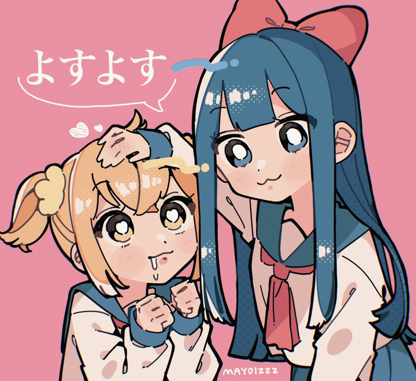2girls, :3, artist_name, blue_eyes, blue_hair, blue_sailor_collar, bow, bright_pupils, clenched_hands, closed_mouth, crossed_bangs, double-parted_bangs, drooling, hair_bow, hair_ornament, hair_scrunchie, hand_on_another's_head, hands_up, headpat, heart, heart-shaped_pupils, highres, long_hair, long_sleeves, mayoi_zzz, medium_bangs, multiple_girls, necktie, orange_eyes, orange_hair, pink_background, pipimi, poptepipic, popuko, red_bow, red_necktie, sailor_collar, saliva, school_uniform, scrunchie, serafuku, shirt, short_hair, short_twintails, simple_background, straight_hair, symbol-shaped_pupils, twintails, white_pupils, white_shirt, yellow_scrunchie