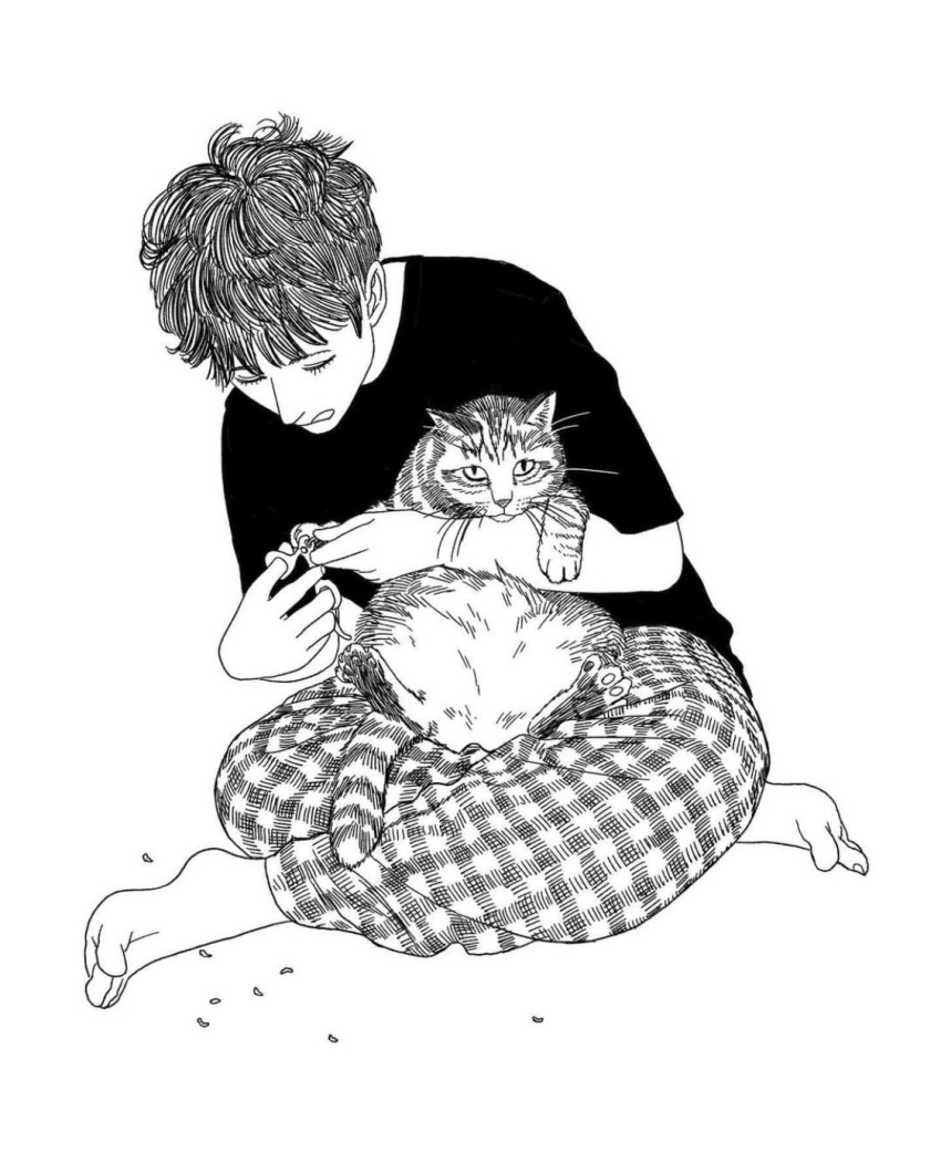 1boy, animal, applying_manicure, arm_across_waist, barefoot, black_hair, black_shirt, cat