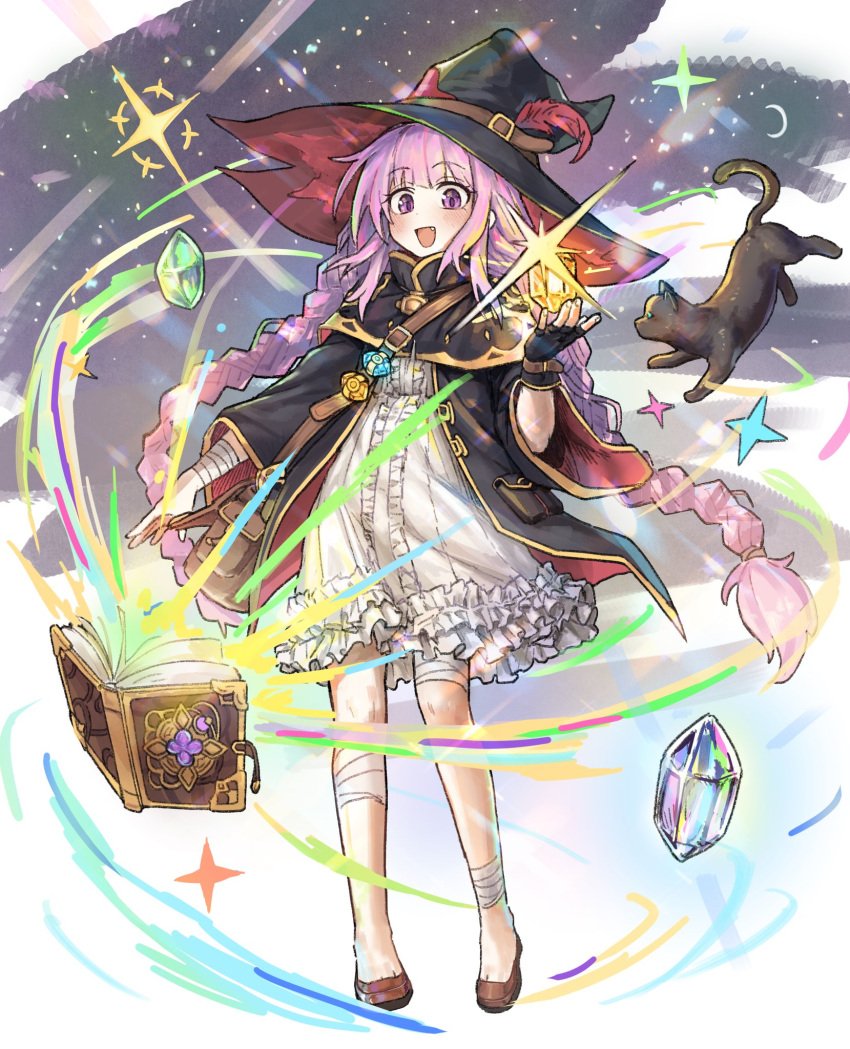 1girl, :d, abaaaaaaa, bag, bandaged_arm, bandaged_leg, bandages, beryl_(sword_of_convallaria), black_cat, black_coat, black_gloves, black_hat, book, braid, brown_bag, brown_footwear, cat, center_frills, coat, downturned_eyes, dress, fang, fingerless_gloves, frilled_dress, frills, full_body, gem, gloves, green_gemstone, hat, highres, holding, holding_gem, long_hair, low_twin_braids, magic, open_book, open_mouth, pink_hair, short_dress, shoulder_bag, single_glove, sky, smile, solo, sparkle, standing, star_(sky), starry_sky, sword_of_convallaria, twin_braids, violet_eyes, white_dress, witch, witch_hat, yellow_gemstone