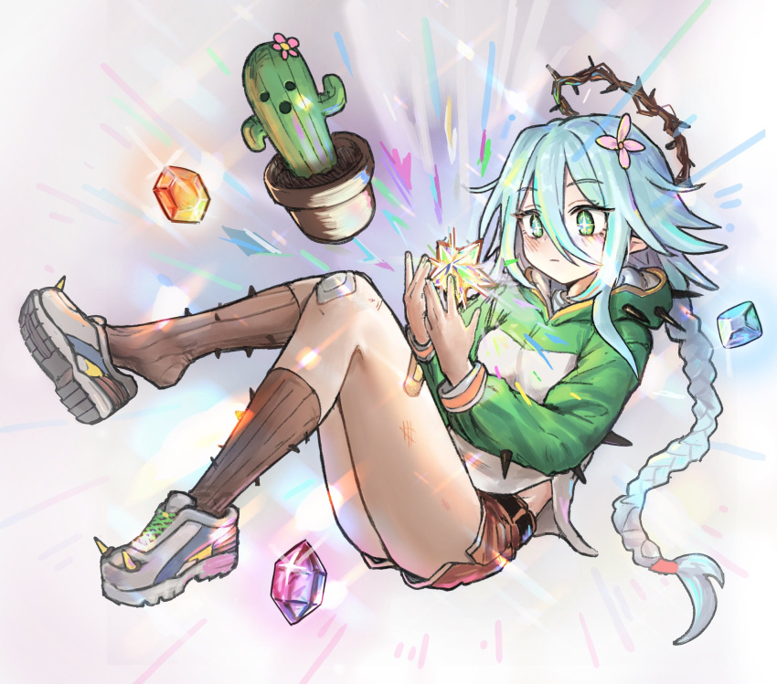+_+, 1girl, abaaaaaaa, aqua_hair, bandaid_on_thigh, blue_gemstone, braid, brown_shorts, brown_socks, cactus, closed_mouth, crown_of_thorns, floating, full_body, gauze, gauze_on_knee, gem, glowing, green_eyes, green_hoodie, highres, hood, hood_down, hoodie, knees_up, long_hair, orange_gemstone, original, plant, potted_plant, purple_gemstone, shoes, short_shorts, shorts, single_braid, sneakers, socks, solo, white_background