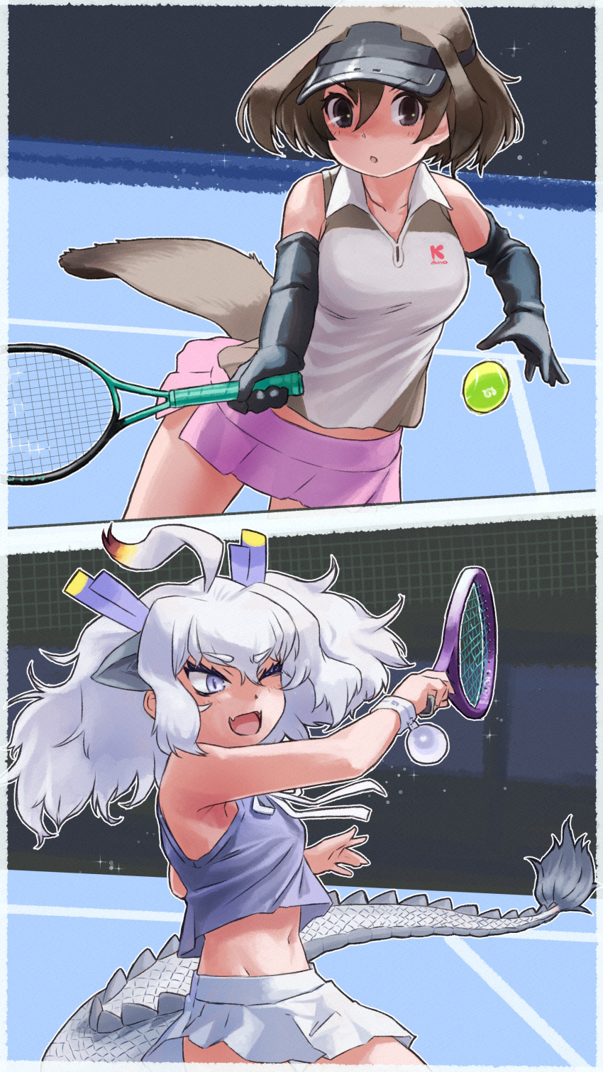 2girls, absurdres, animal_ears, ball, black_eyes, brown_hair, dragon_girl, dragon_horns