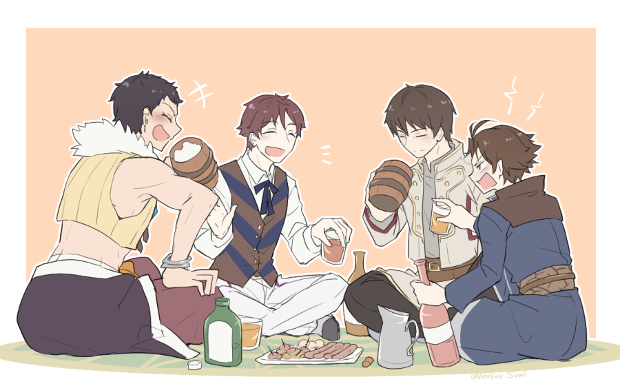 4boys, :d, alcohol, atelier_(series), atelier_lulua, black_hair, blue_coat, blue_ribbon