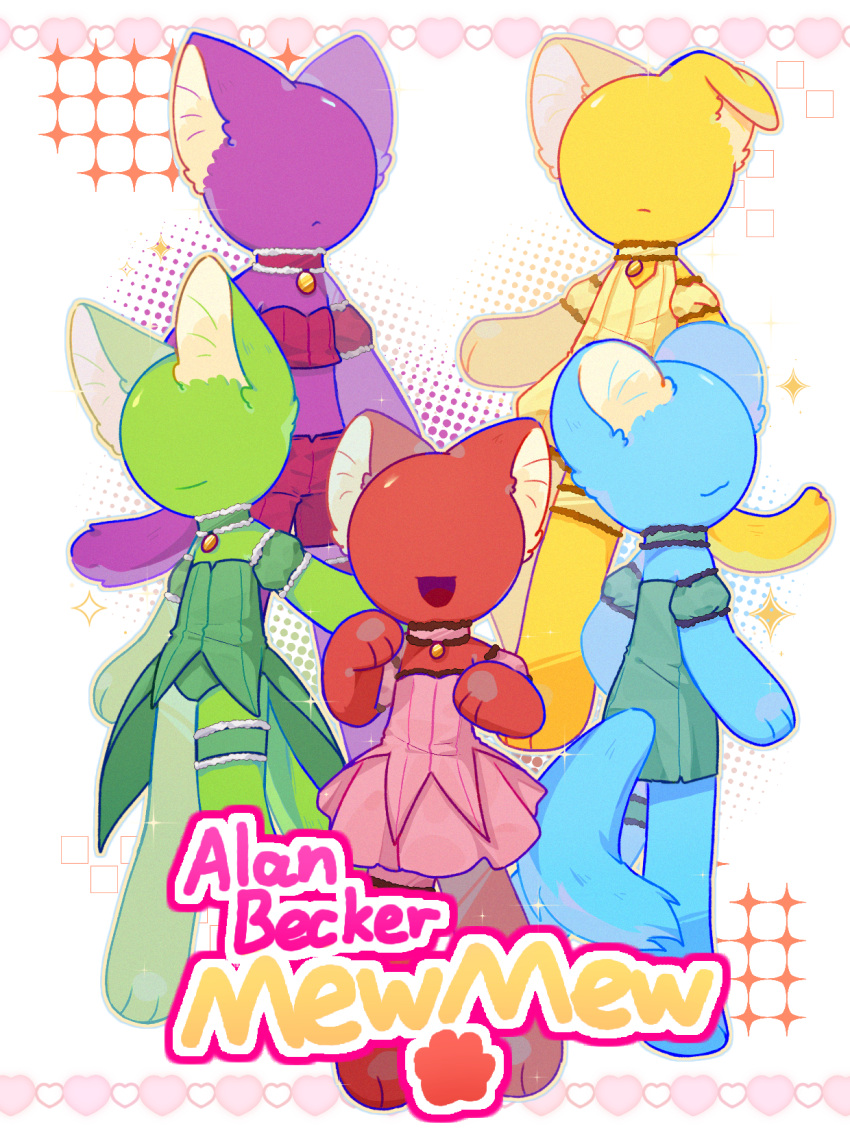 5boys, :3, :d, aizawa_mint, animal_ears, animal_feet, animal_hands, animation_vs._minecraft, animator_vs._animation, aqua_dress, blue_(animator_vs._animation), blue_skin, cat_boy, chinese_commentary, choker, colored_skin, commentary_request, cosplay, crossdressing, dog_boy, dog_ears, dog_tail, dress, fong_pudding, fujiwara_zakuro, full_body, green_(animator_vs._animation), green_skin, highres, kemonomimi_mode, magical_boy, mew_ichigo, mew_ichigo_(cosplay), mew_lettuce, mew_lettuce_(cosplay), mew_mint, mew_mint_(cosplay), mew_pudding, mew_pudding_(cosplay), mew_zakuro, mew_zakuro_(cosplay), midorikawa_lettuce, midriff, momomiya_ichigo, multiple_boys, no_eyes, open_mouth, parody, pink_dress, purple_(animator_vs._animation), purple_skin, red_(animator_vs._animation), red_skin, smile, standing, stick_figure, tail, tokyo_mew_mew, xiaoyezi72508, yellow_(animator_vs._animation), yellow_skin