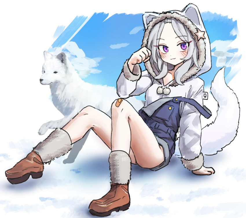 1girl, :3, abaaaaaaa, animal_ear_hood, animal_ears, arm_support, bandaid, bandaid_on_knee