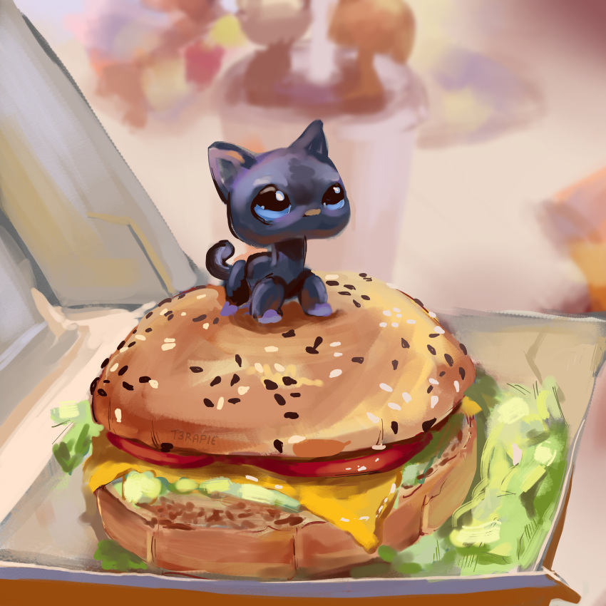 absurdres, black_cat, blue_eyes, box, bun_(food), burger, cat, cheese