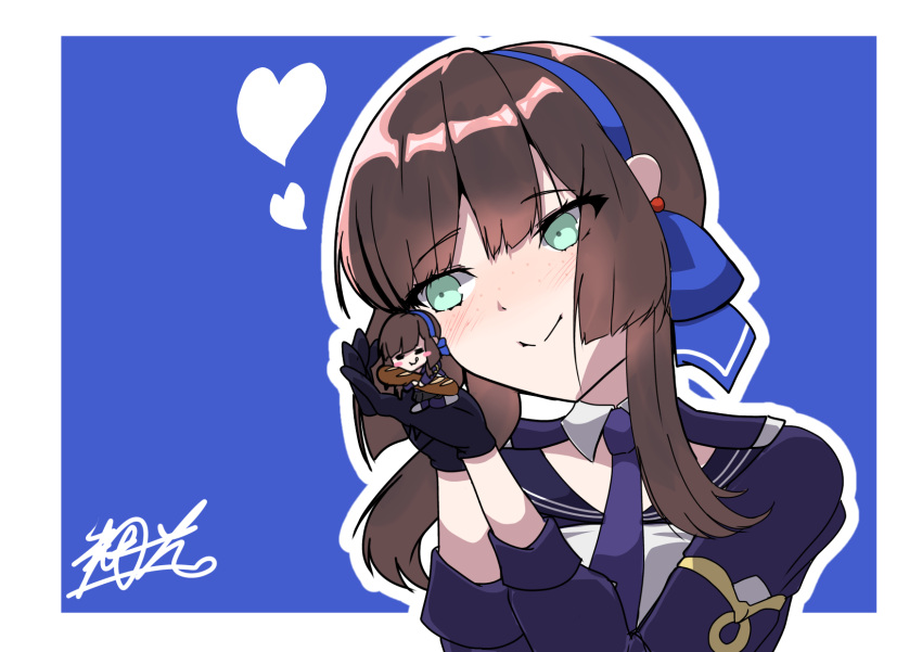 2girls, =_=, akatsuki_hikaru, artist_name, baguette, black_gloves, blue_background, blue_hairband