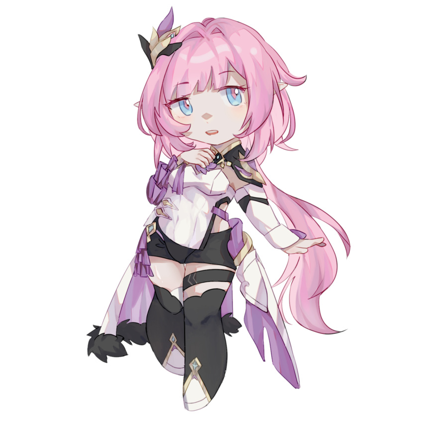 1girl, black_footwear, black_shorts, blue_eyes, boots, cape, chibi, chibi_only, clothing_cutout, corset, elysia_(honkai_impact), elysia_(miss_pink_elf)_(honkai_impact), hair_ornament, high_heel_boots, high_heels, highres, honkai_(series), honkai_impact_3rd, long_hair, open_mouth, pink_hair, shen480406, shorts, side_cutout, simple_background, solo, teeth, upper_teeth_only, white_background, white_corset