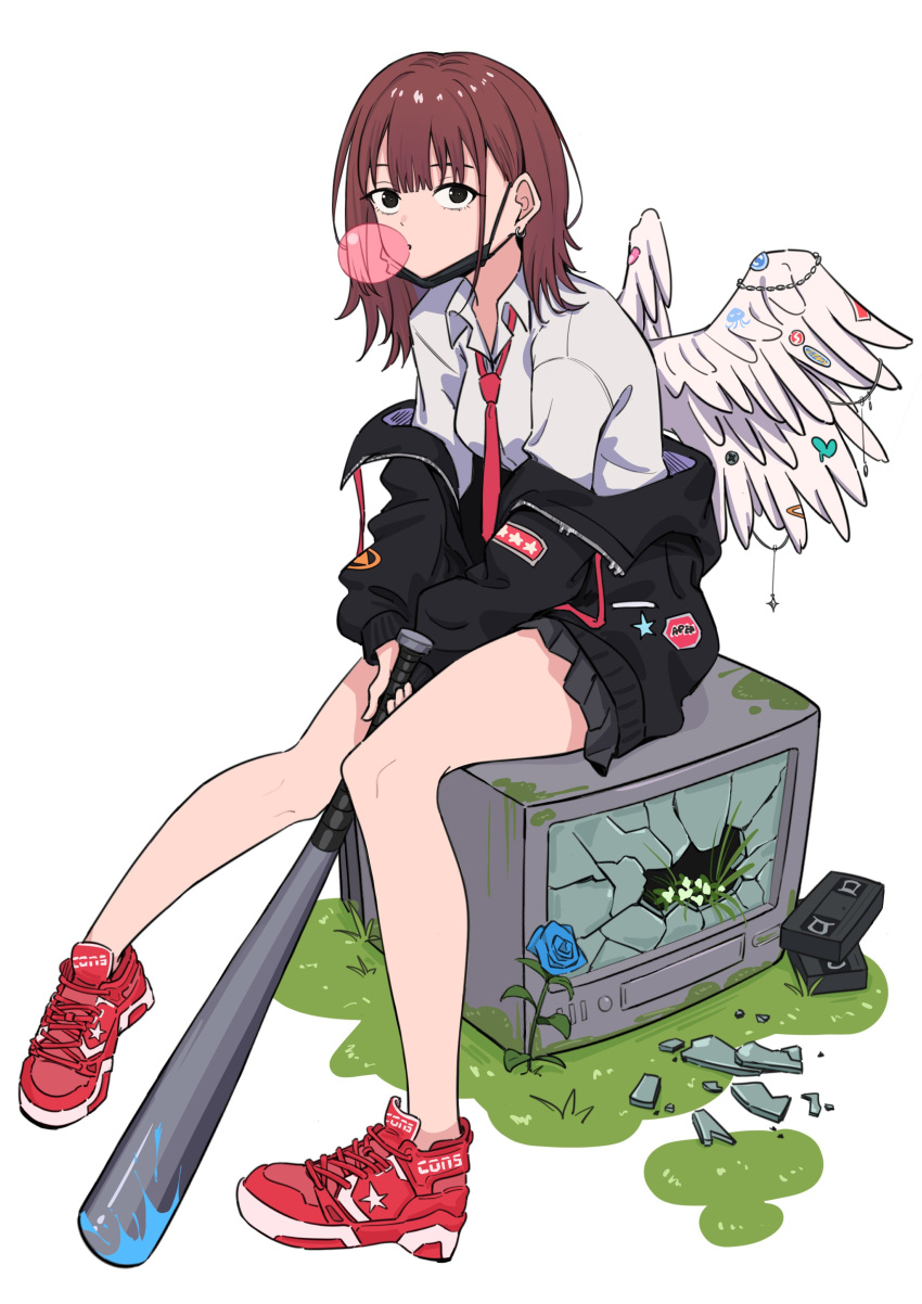 1girl, absurdres, angel, baseball_bat, between_legs, black_eyes, black_jacket, black_skirt