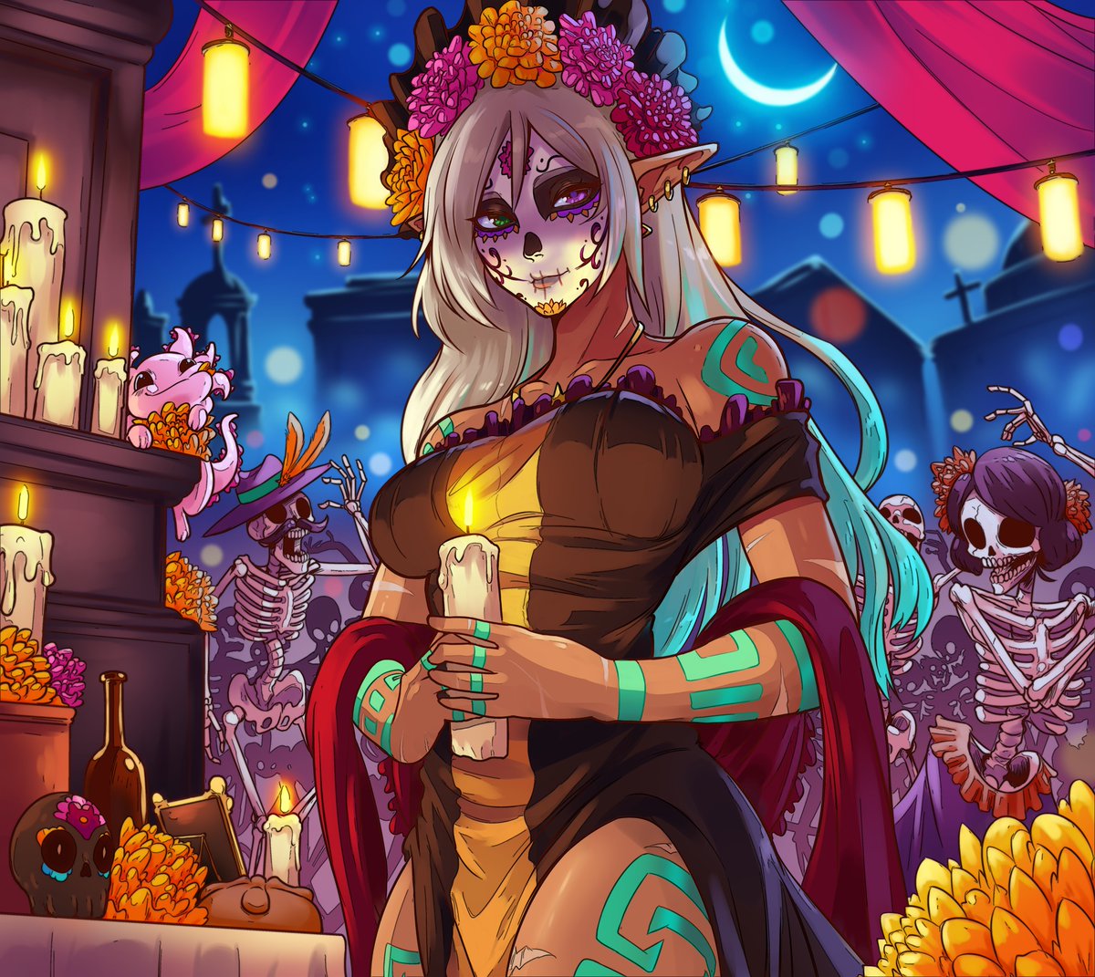 1girl, aqua_hair, axolotl, black_dress, bodypaint, breasts, candle, commentary_request