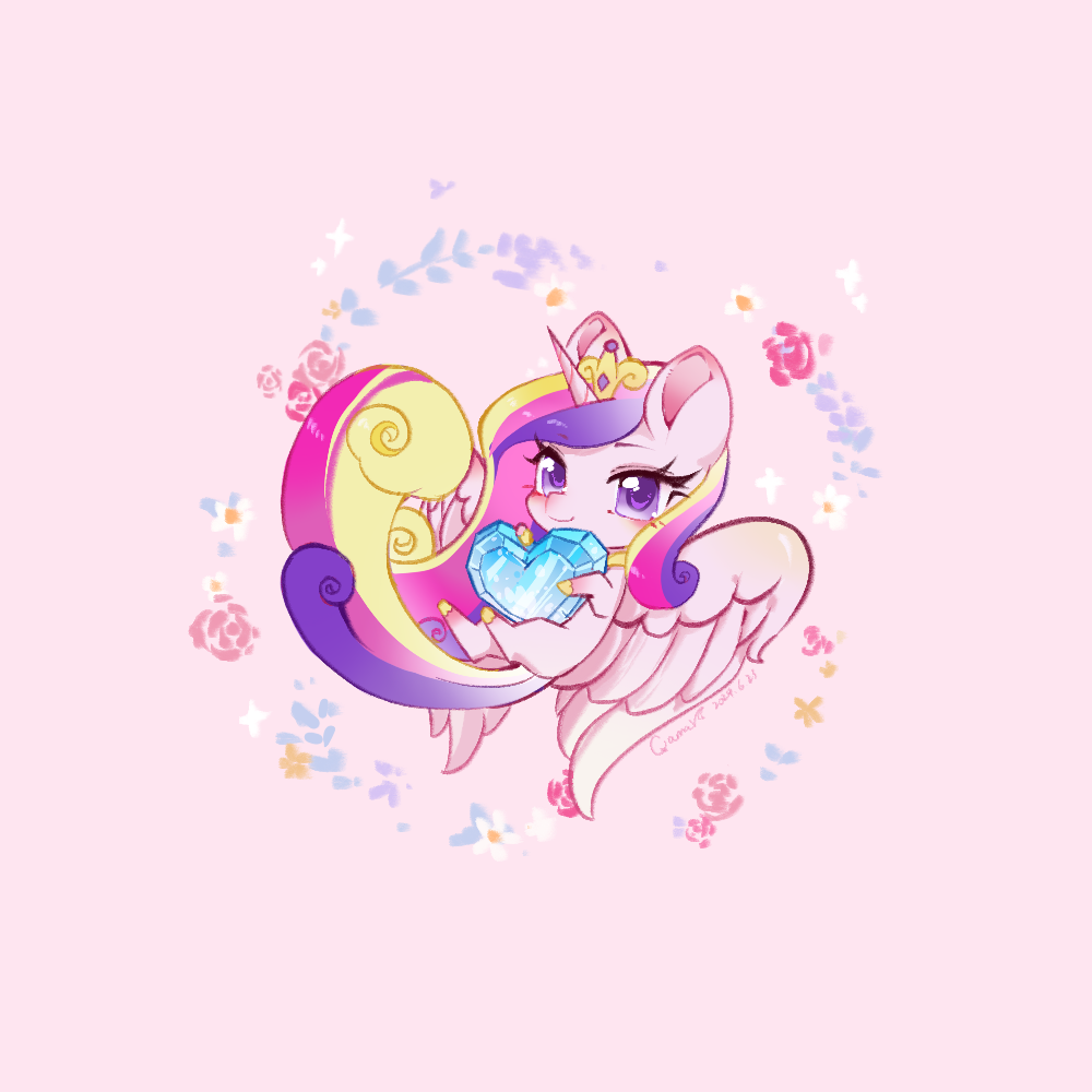 animal, animal_focus, chibi, chibi_only, chinese_commentary, commentary_request, crown, crystal_heart_(my_little_pony), feathered_wings, gem, heart, holding, horns, long_hair, looking_at_viewer, multicolored_hair, my_little_pony, my_little_pony:_friendship_is_magic, no_humans, pink_background, pony_(animal), poyuewu, princess_cadance, simple_background, single_horn, solo, tail, unicorn_horn, violet_eyes, winged_unicorn, wings