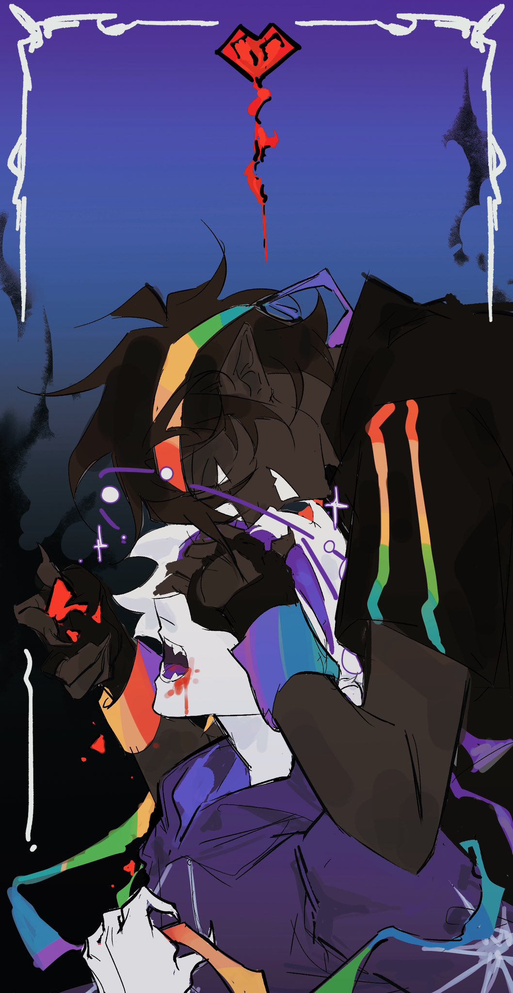 2boys, black_hair, black_skin, blood, claws, colored_skin, commentary, covering_another's_eyes