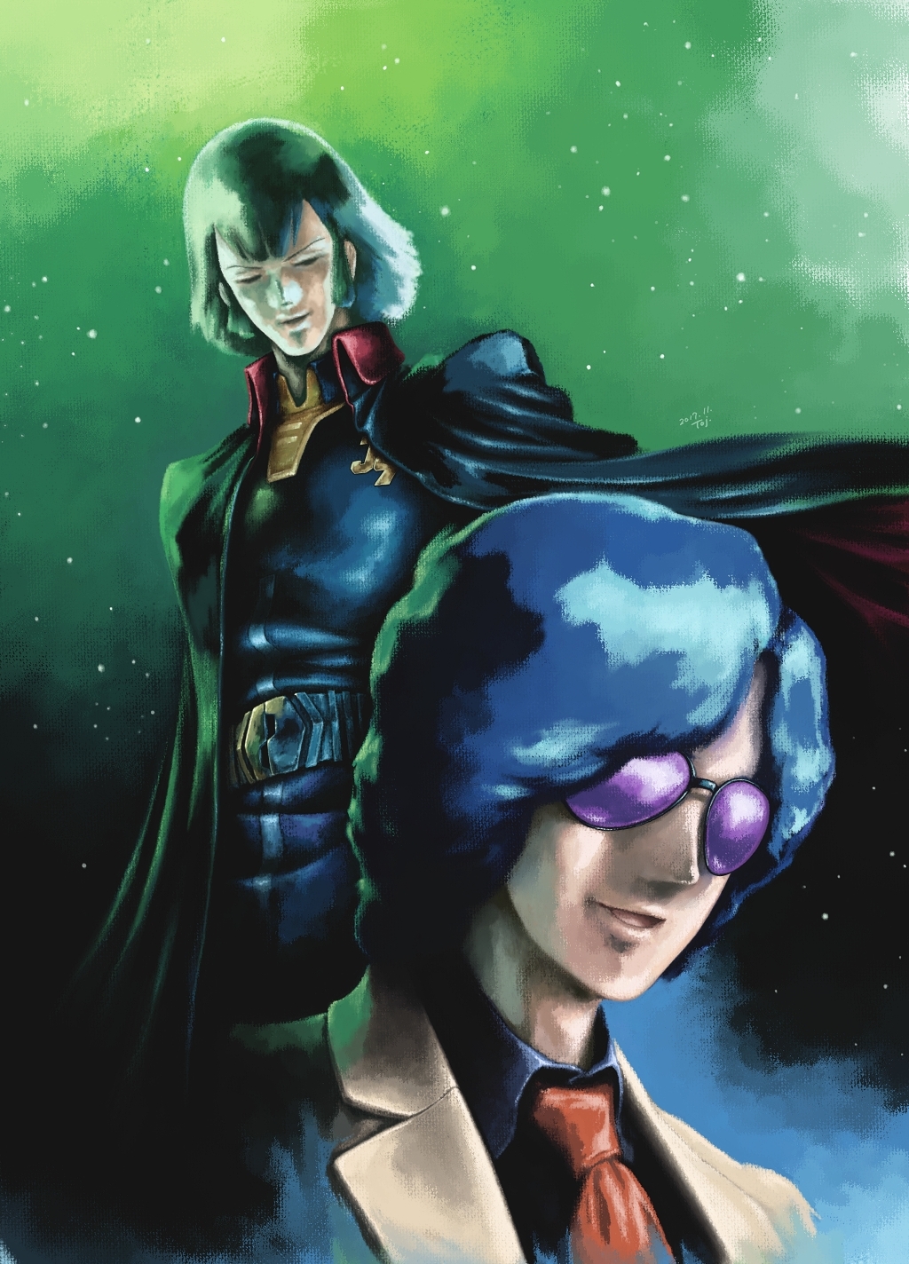 1970s_(style), 1980s_(style), 2boys, ayk-rs401i, belt, blue_hair, cape, character_request