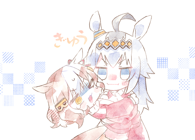 >_@, 2girls, @_@, ahoge, animal_ears, berno_light_(umamusume), blue_eyes, blush