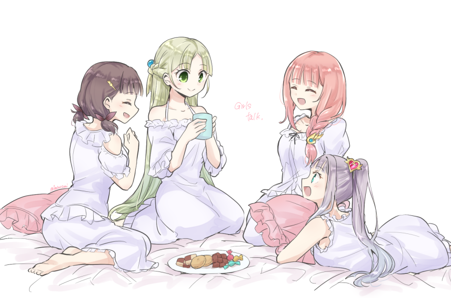 4girls, :d, alternate_costume, alternate_hairstyle, atelier_(series), atelier_lulua, barefoot, braid