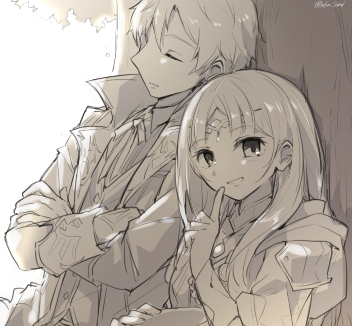 1boy, 1girl, atelier_(series), atelier_lulua, closed_eyes, commentary_request, crossed_arms, ficus_finis