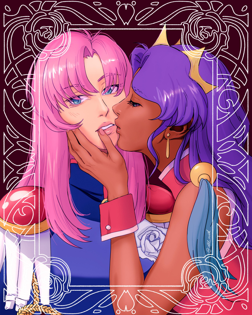 2girls, absurdres, artist_name, bare_shoulders, blue_eyes, commentary, crown, dark-skinned_female