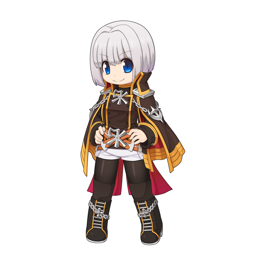 1girl, bandolier, belt, black_coat, black_footwear, black_pantyhose, blue_eyes, boots, brown_belt, buttons, chain, chibi, chibi_only, closed_mouth, coat, cross-laced_footwear, double-breasted, emblem, epaulettes, full_body, gold_trim, grey_hair, hair_intakes, hands_on_own_hips, jana_lebedeva, looking_at_viewer, medium_bangs, military_uniform, official_art, pantyhose, ragnarok_online, rebellion_(ragnarok_online), short_hair, short_shorts, shorts, simple_background, smile, solo, split_mouth, transparent_background, uniform, white_shorts, yuichirou