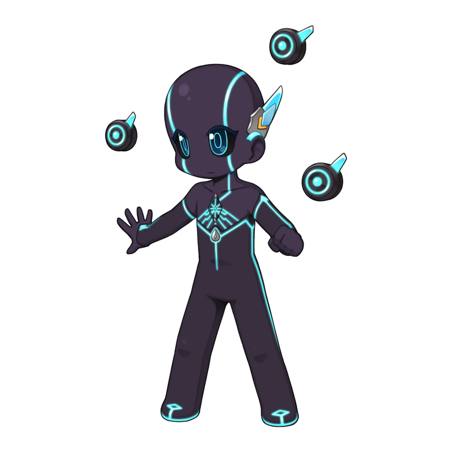 1girl, android, bald, bald_girl, black_sclera, black_skin, blue_eyes, chibi, chibi_only, closed_mouth, colored_sclera, colored_skin, expressionless, full_body, looking_afar, mansion_guard, neon_trim, official_art, ragnarok_online, robot, robot_girl, simple_background, solo, standing, transparent_background, yuichirou