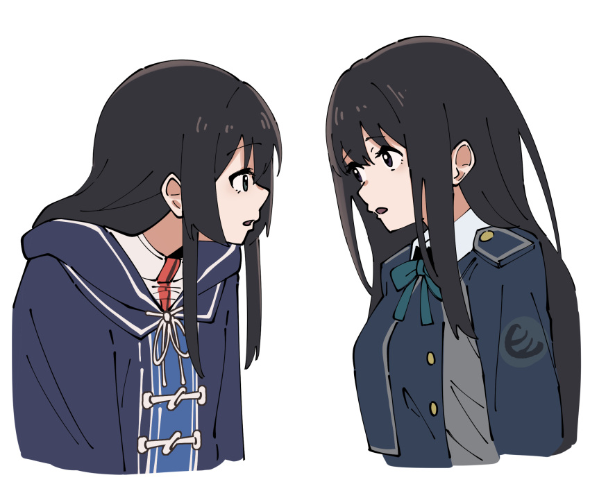 2girls, black_hair, blue_cloak, blue_dress, blue_ribbon, cloak, commentary, cropped_torso